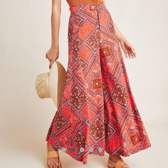 Anthropologie Skirted Wide Leg Retro Red Pants Trousers Size 6 Geometric Print s - Picture 1 of 8